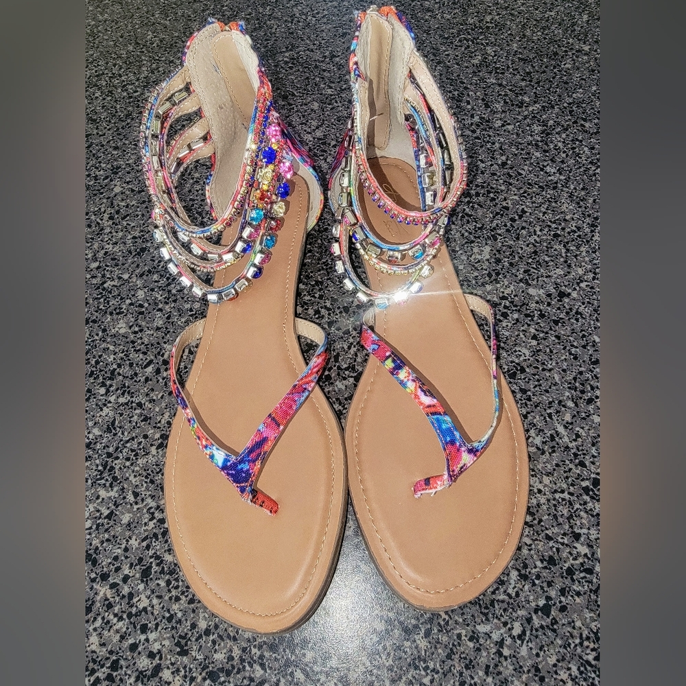 Thalia Sodi Sandals Multi Colors With Rinestone  Ankle Straps.